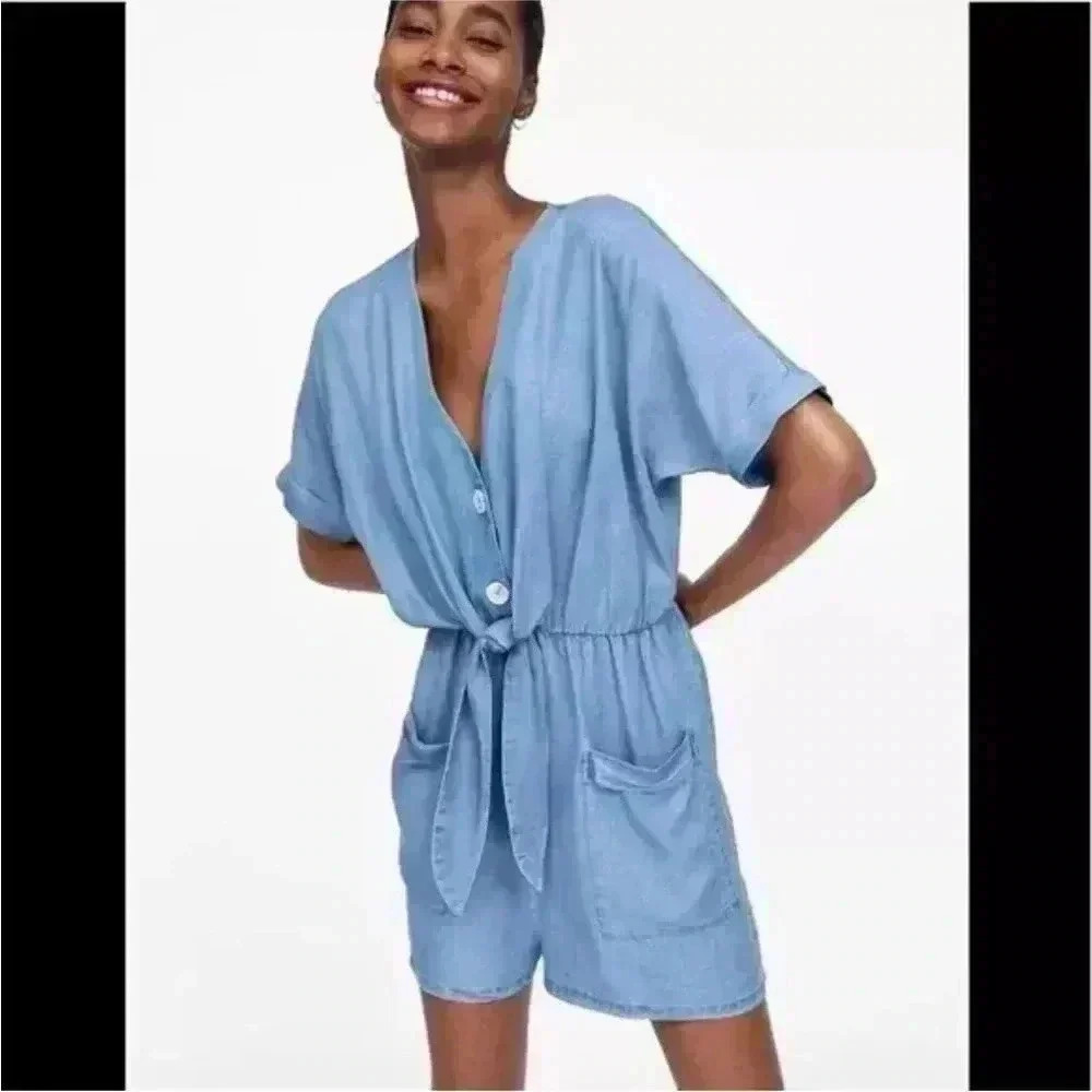 ZARA Denim Chambray Tie Front Short Sleeve Romper Sz XS
